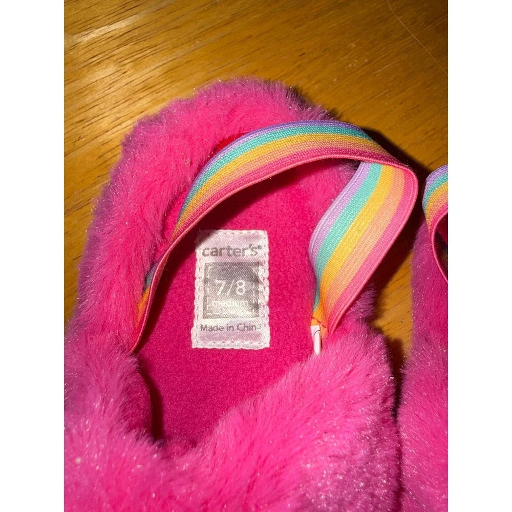 Carters Toddler Girls Pink Fuzzy Rainbow Strap‎ Slippers Size 7/8 Medium